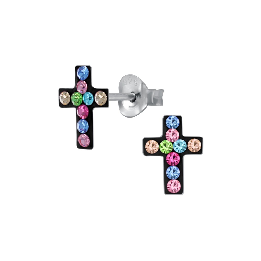 Silver Cross Crystal Stud Earrings