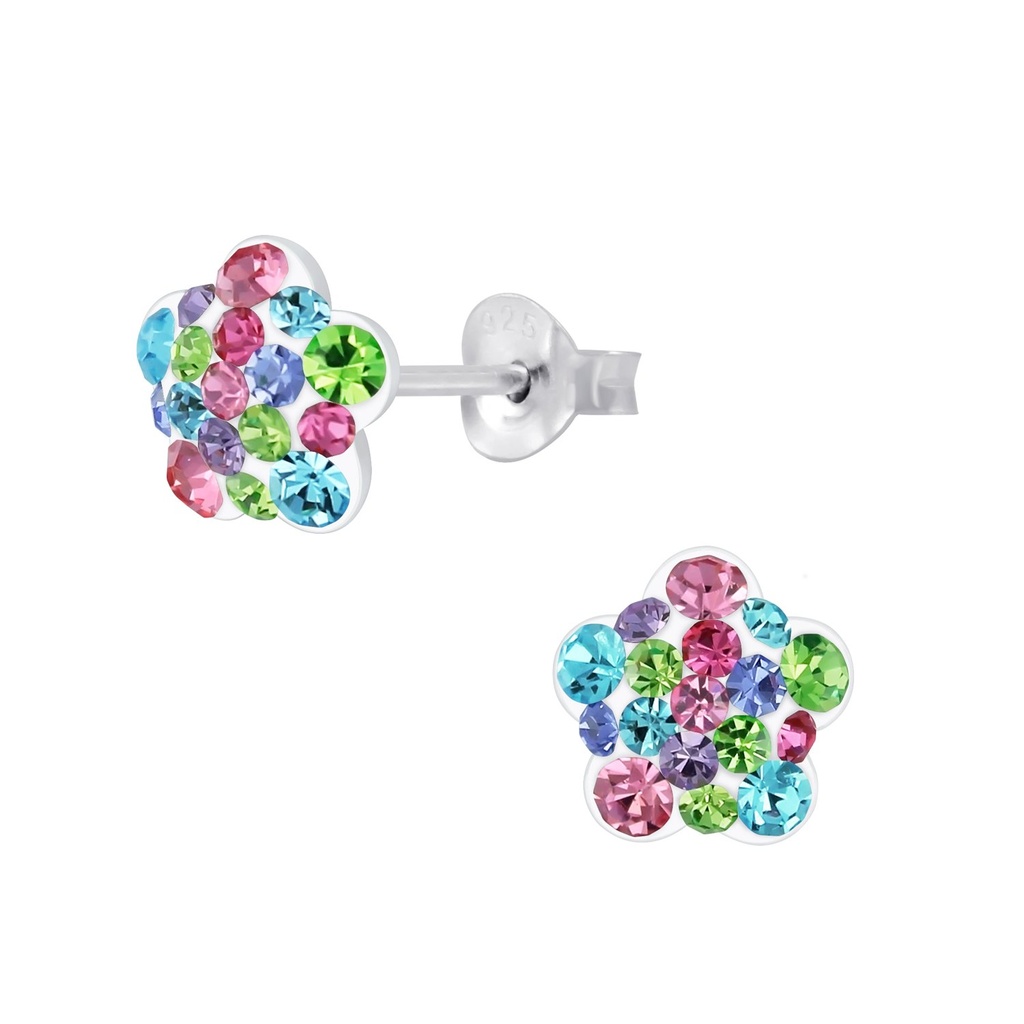 Silver Flower Crystal Stud Earrings