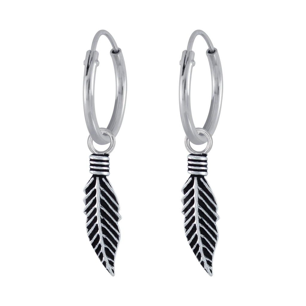 Silver Feather Charm Hoop Earrings