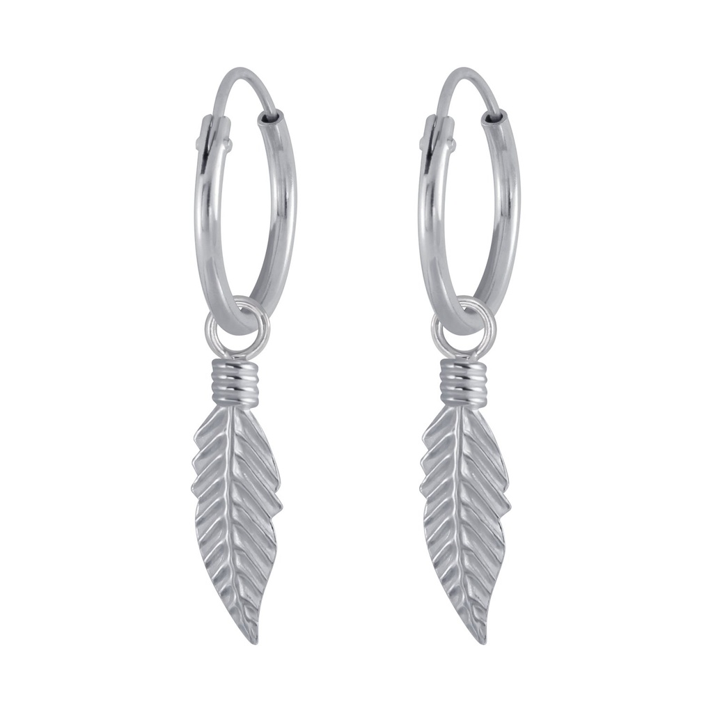 Silver Feather Charm Hoop Earrings