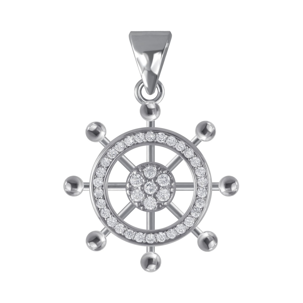 [10003428] Silver Ship Wheel Cubic Zirconia Pendant