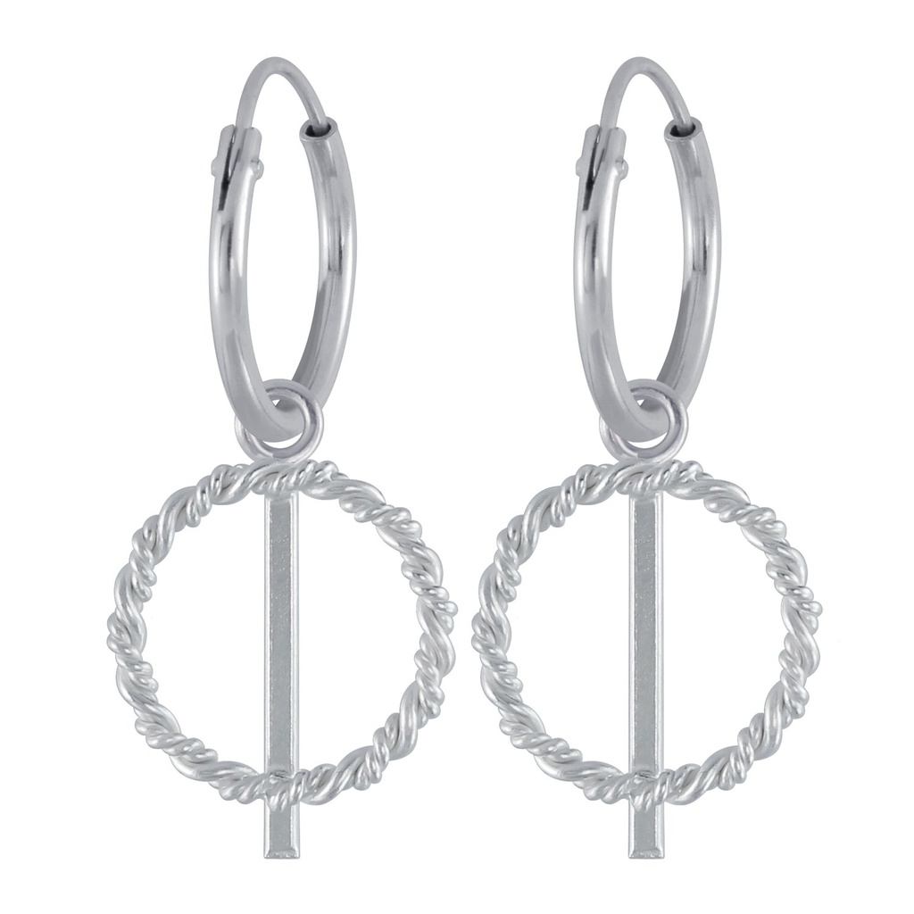 Silver Twisted Circle Charm Hoop Earrings