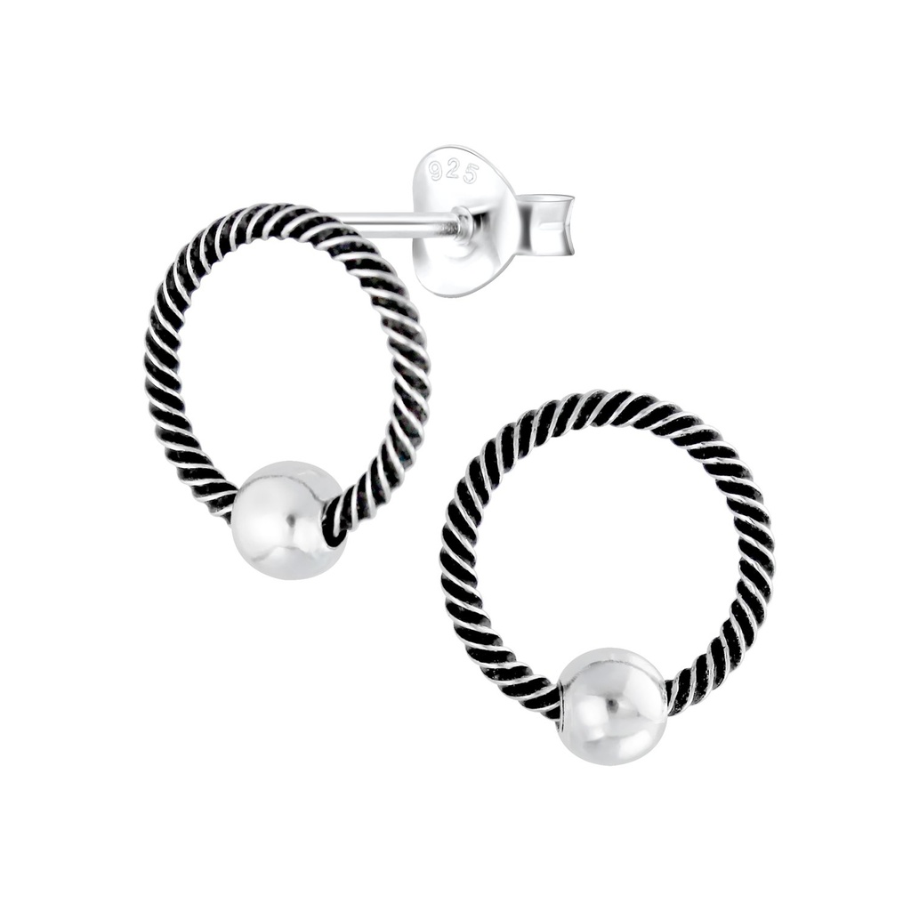Puces d'oreilles boule et cercle torsadées en argent