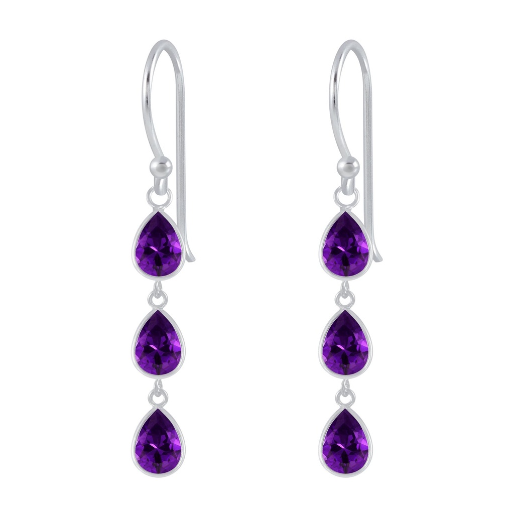 [10002781] Silver Tear Drop Cubic Zirconia Dangle Earrings (Amethyst)