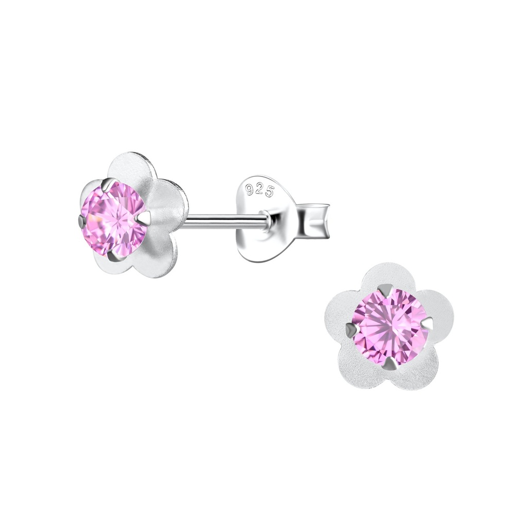 [10002728] Silver Flower Stud Earrings (Pink)