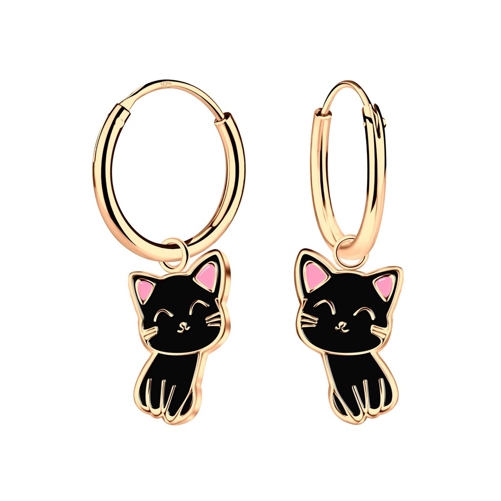 [10002723] Silver Cat Charm Hoop Earrings