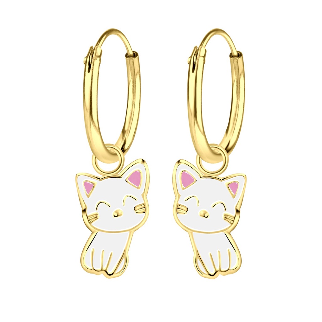 Silver Cat Charm Hoop Earrings