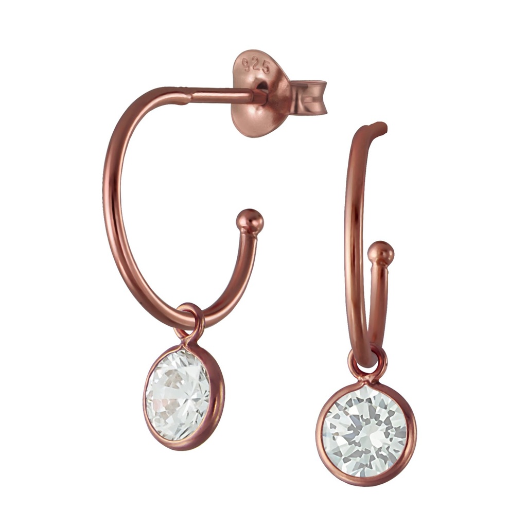Silver Half Hoop Stud Earrings With Hanging Cubic Zirconia