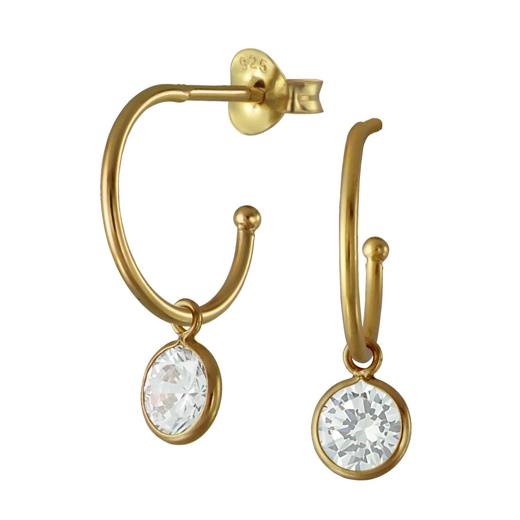 Silver Half Hoop Stud Earrings With Hanging Cubic Zirconia