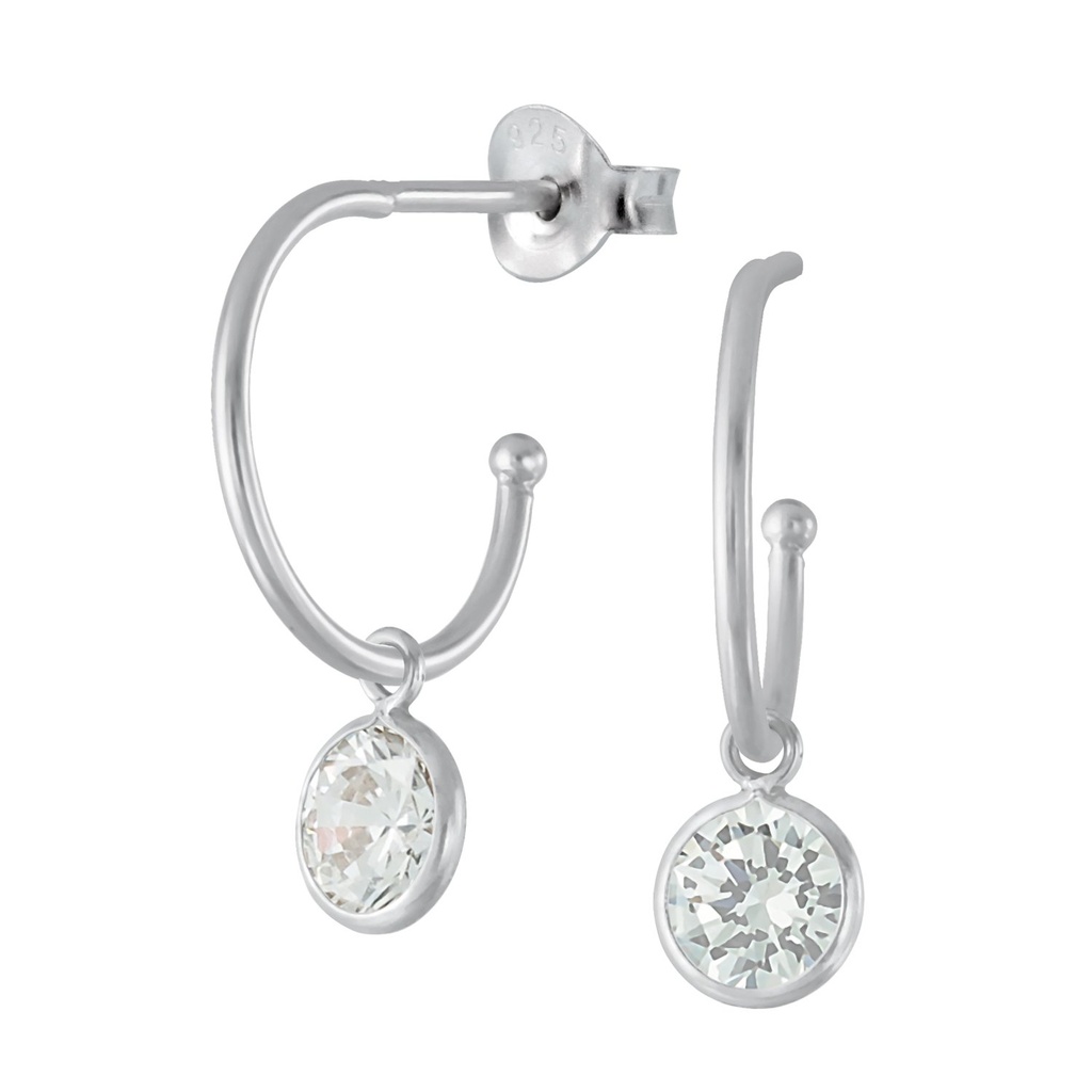 Silver Half Hoop Stud Earrings With Hanging Cubic Zirconia