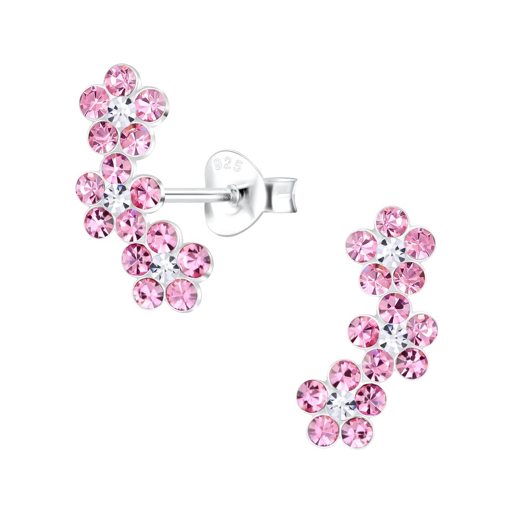 [10002664] Puces d'oreilles fleur triple en argent cristal