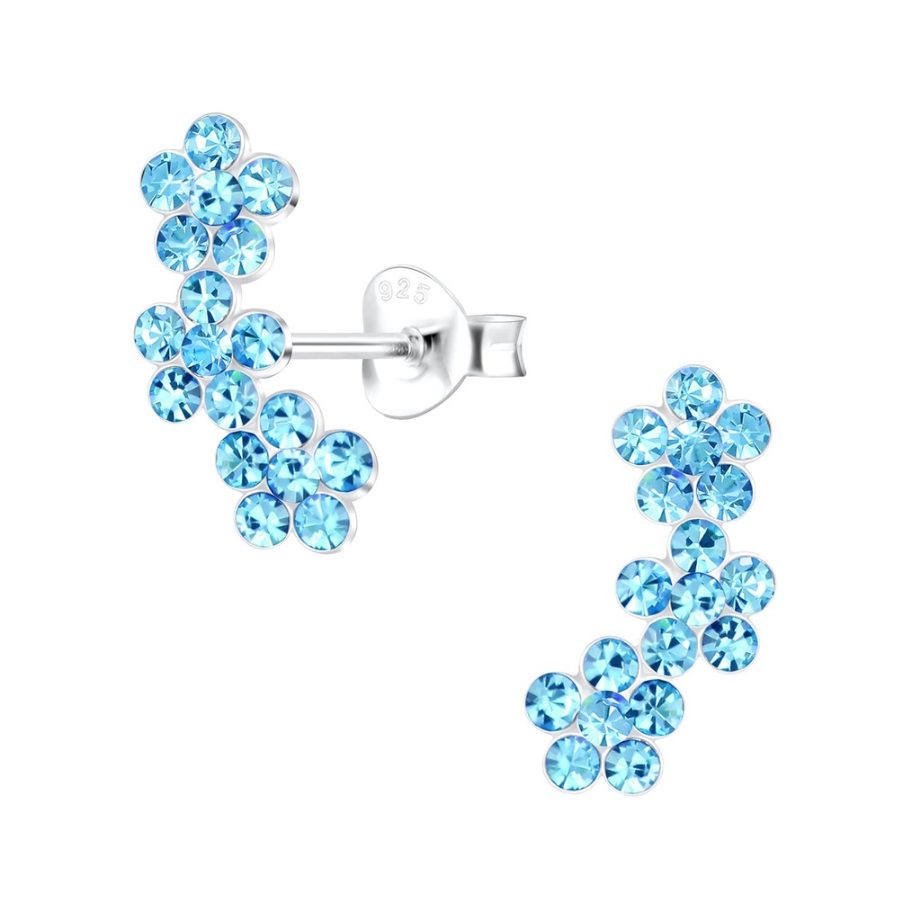 Silver Triple Crystal Flower Stud Earrings