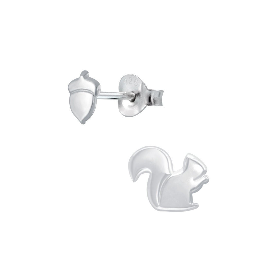 Silver Squirrel And Nut Stud Earrings