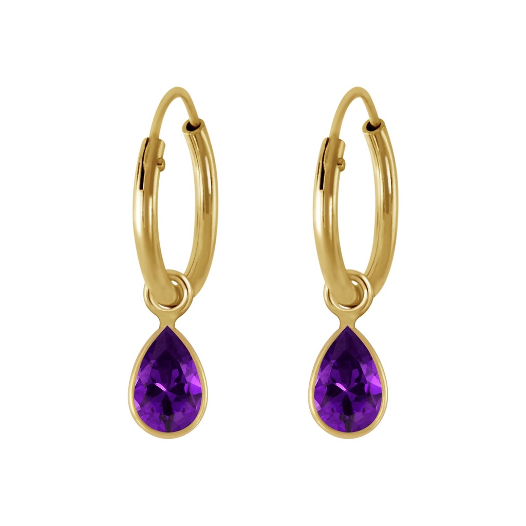 [10002504] 4x6mm Pear Cubic Zirconia Silver Charm Hoop Earrings (Amethyst)