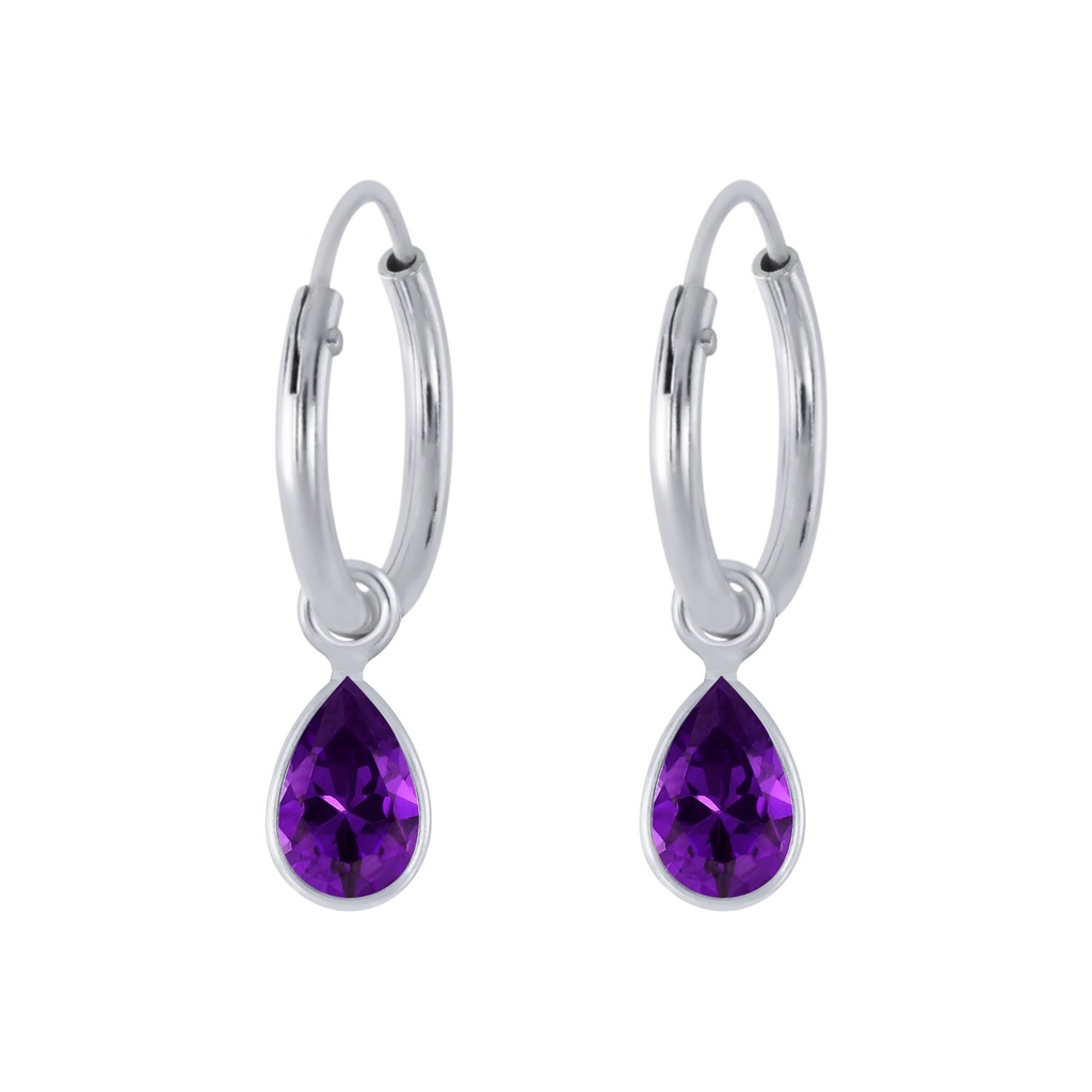 [10002499] 4x6mm Pear Cubic Zirconia Silver Charm Hoop Earrings (Amethyst)