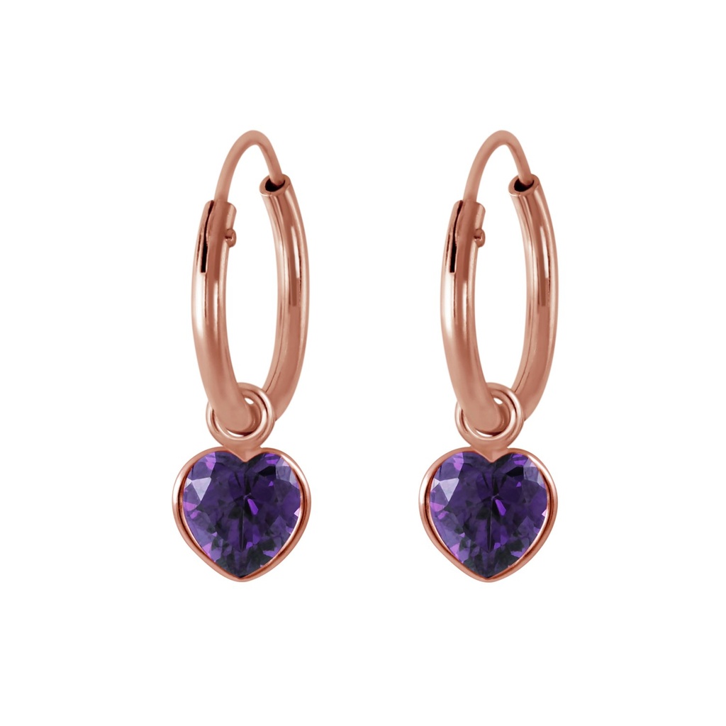 [10002361] 4mm Heart Cubic Zirconia Silver Charm Hoop Earrings (Amethyst)