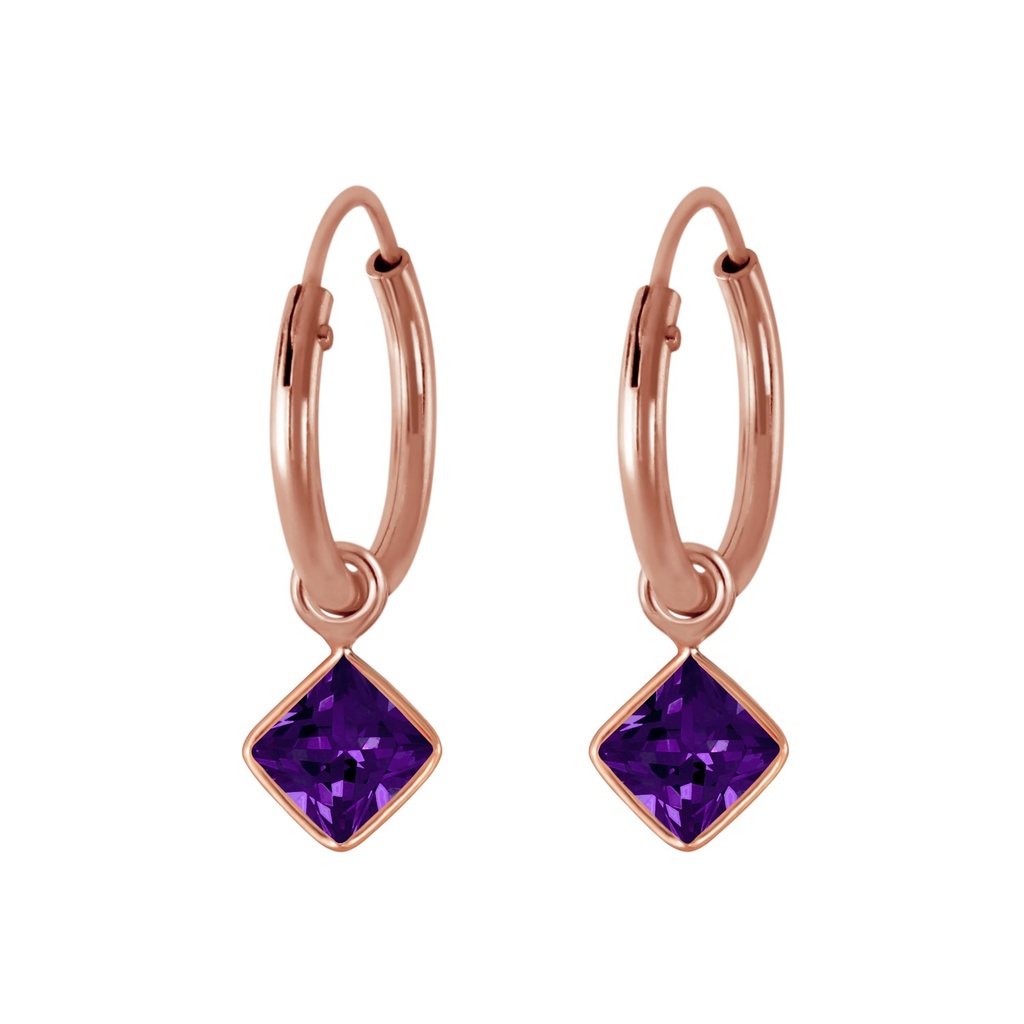 [10002225] 4mm Square Cubic Zirconia Silver Charm Hoop Earrings (Amethyst)