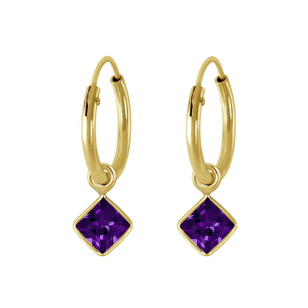 [10002206] 4mm Square Cubic Zirconia Silver Charm Hoop Earrings (Amethyst)