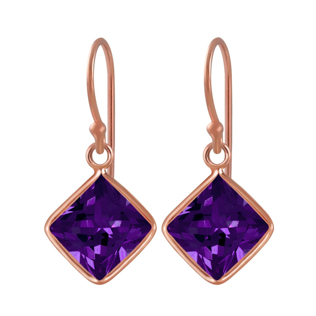 [10002085] 8mm Square Cubic Zirconia Silver Earrings (Amethyst)