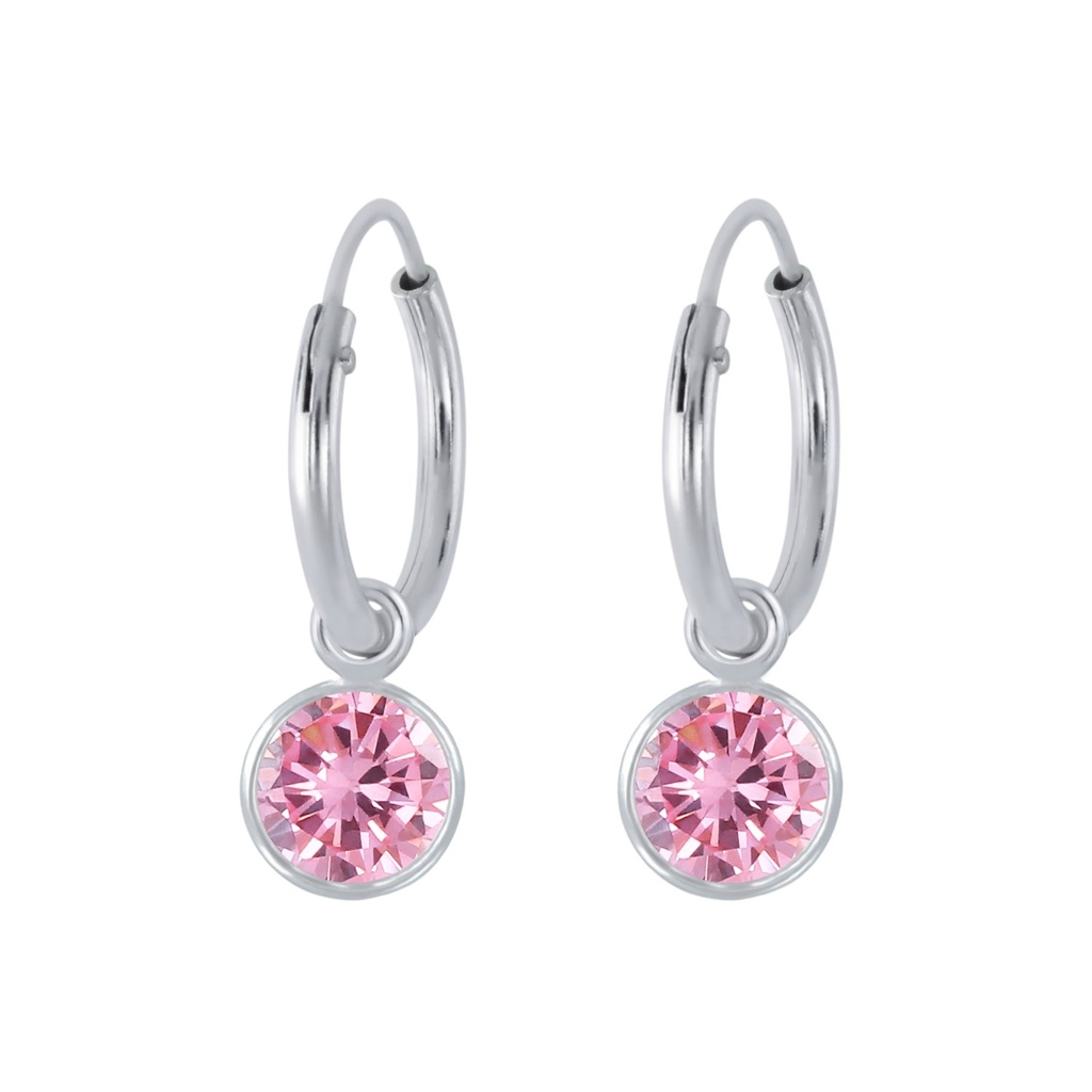[10002125] 5mm Round Cubic Zirconia Silver Charm Hoop Earrings (Pink)