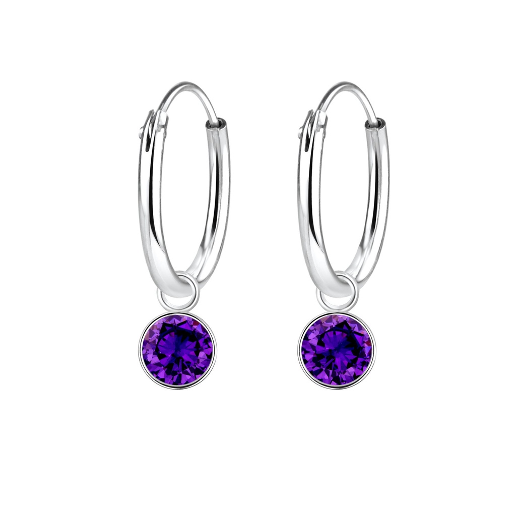 [10002118] 4mm Round Cubic Zirconia Silver Charm Hoop Earrings (Amethyst)