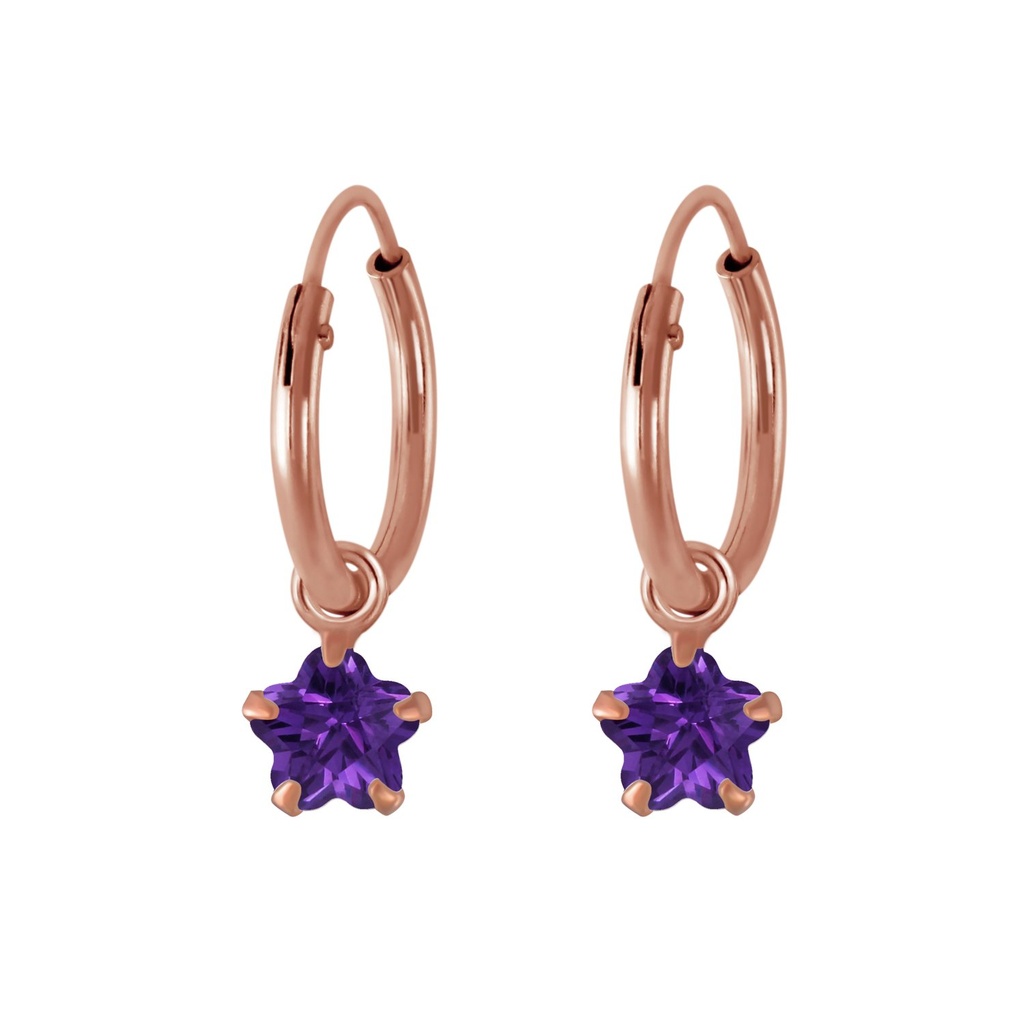 [10001979] 4mm Flower Cubic Zirconia Silver Charm Hoop Earrings (Amethyst)