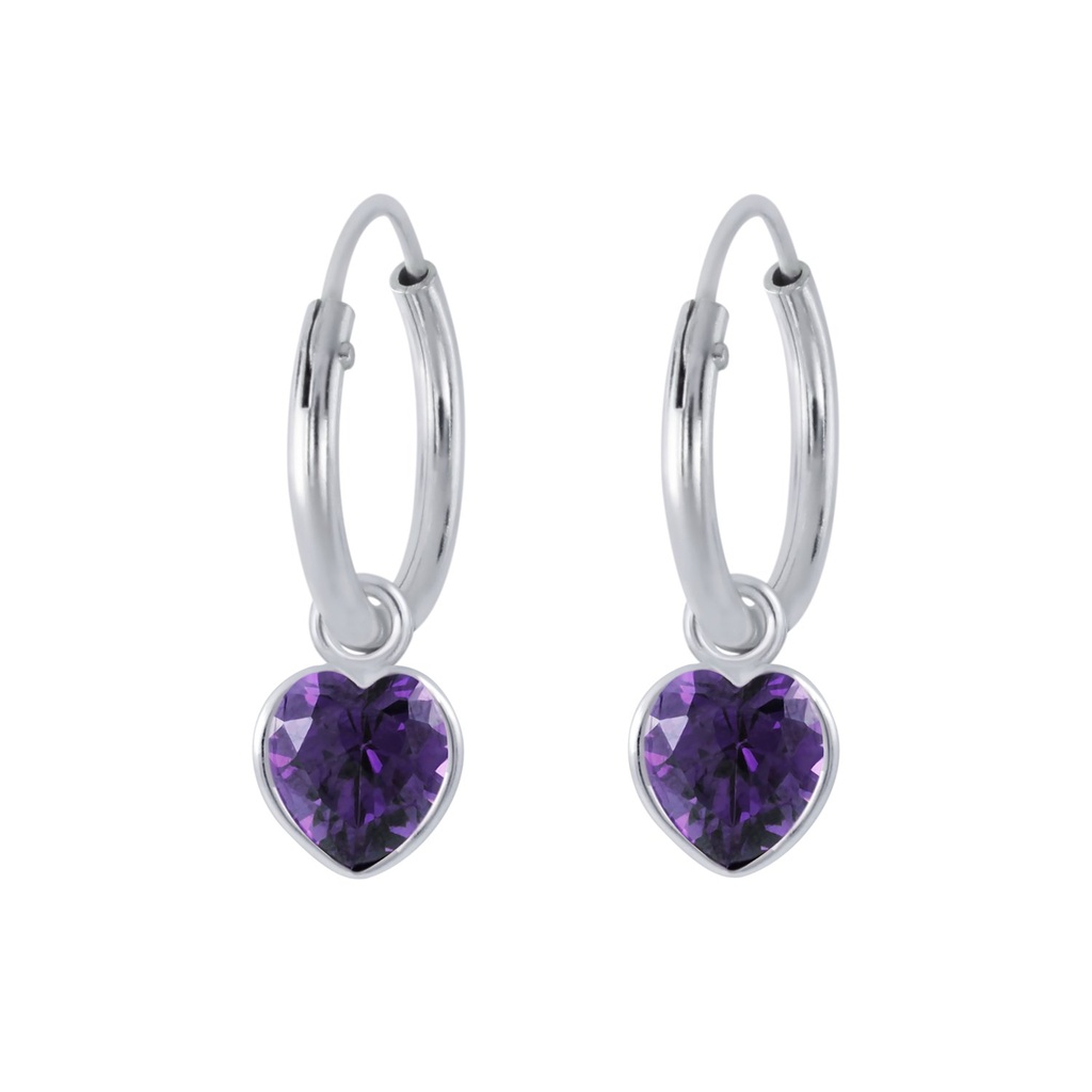 [10001912] 4mm Heart Cubic Zirconia Silver Charm Hoop Earrings (Amethyst)