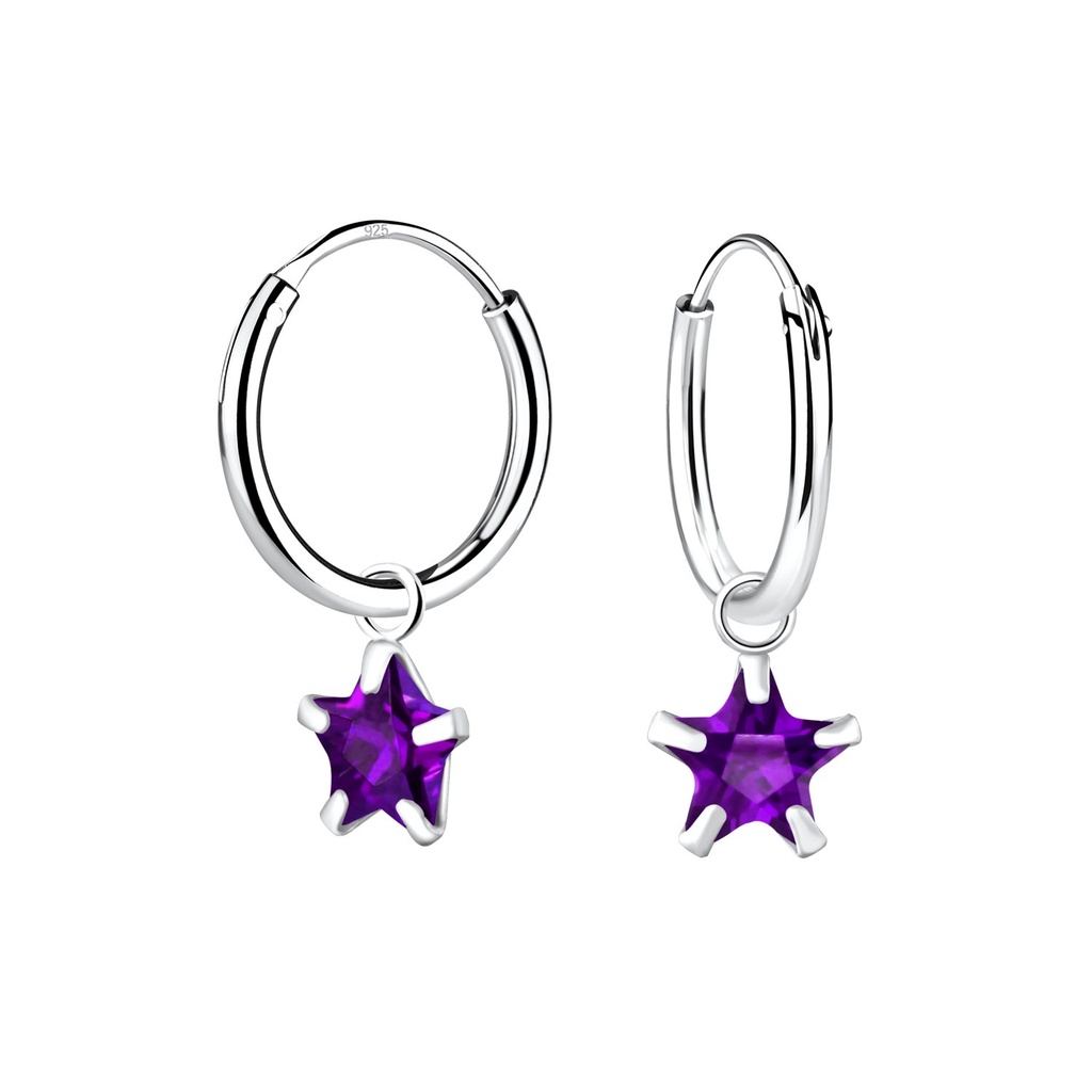 [10001894] 6mm Star Cubic Zirconia Silver Charm Hoop Earrings (Amethyst)