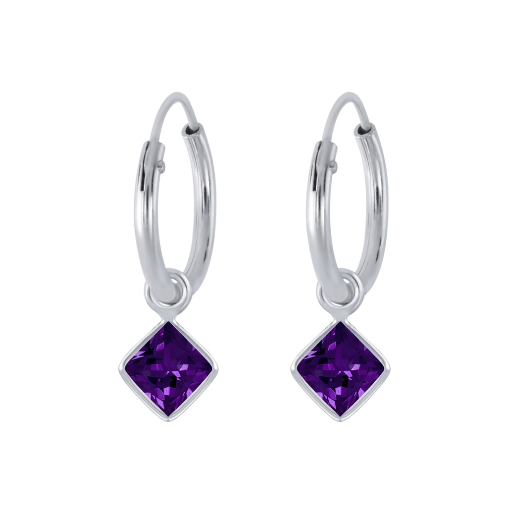 Créoles breloque en argent zircon carré 4 mm