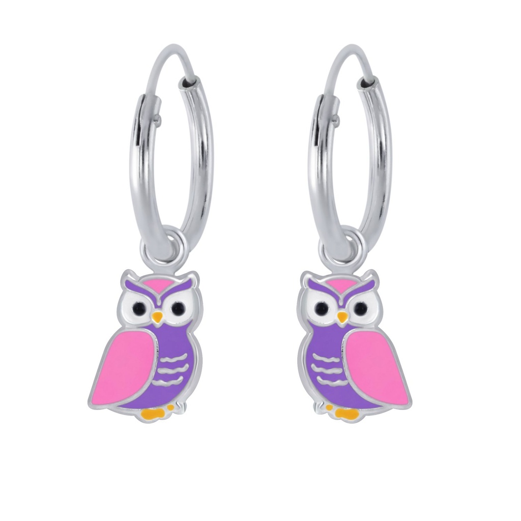 [10001632] Silver Owl Charm Hoop Earrings