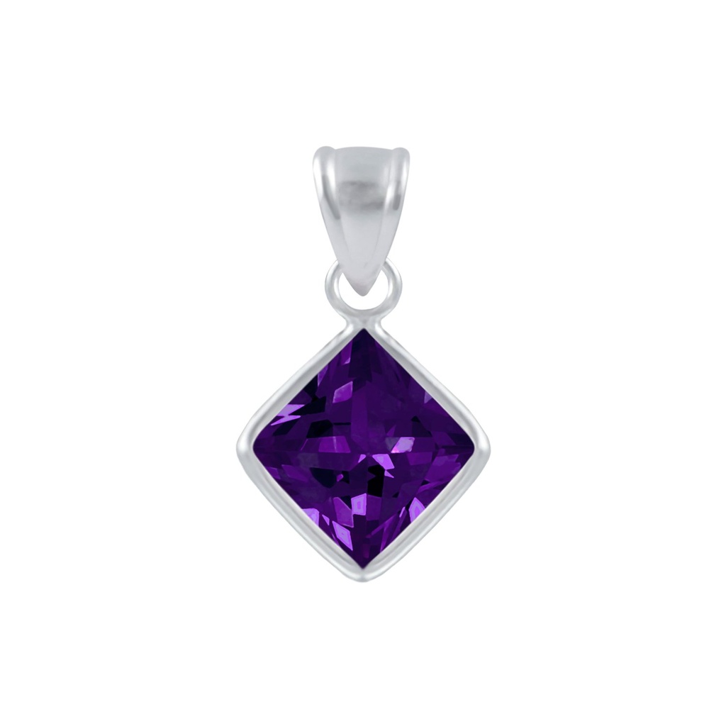 [10001610] 8mm Square Cubic Zirconia Silver Pendant (Amethyst)