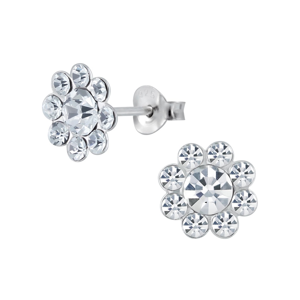 [10001505] Silver Crystal Flower Stud Earrings