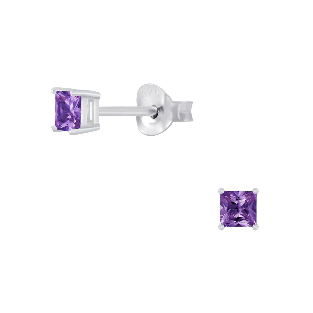 [10007624] 3mm Square Cubic Zirconia Silver Stud Earrings (Amethyst)