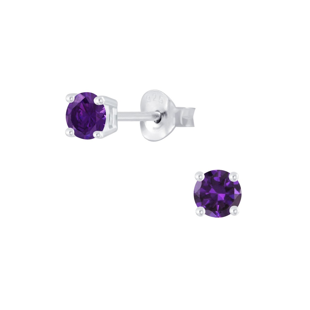 [10008648] 4mm Round Cubic Zirconia Silver Stud Earrings (Amethyst)