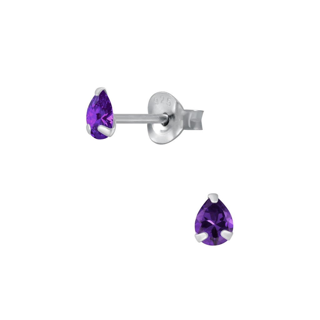 [10001414] 3X4mm Pear Cubic Zirconia Silver Stud Earrings (Amethyst)