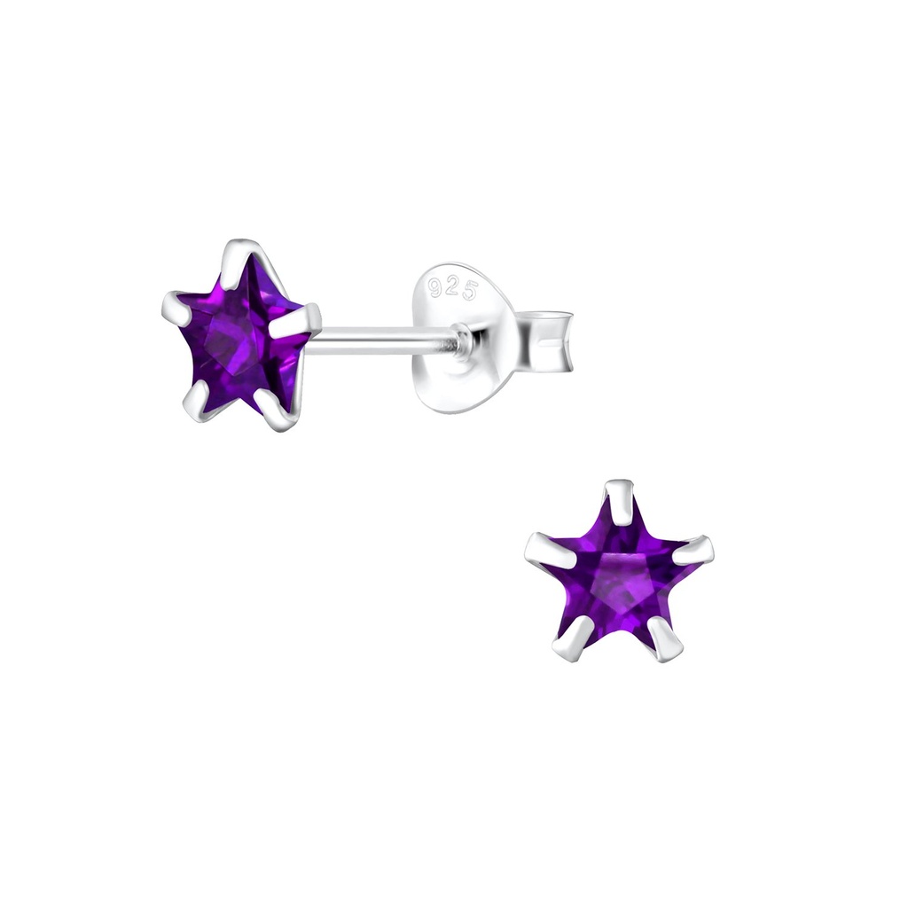 [10001400] 5mm Star Cubic Zirconia Silver Stud Earrings (Amethyst)