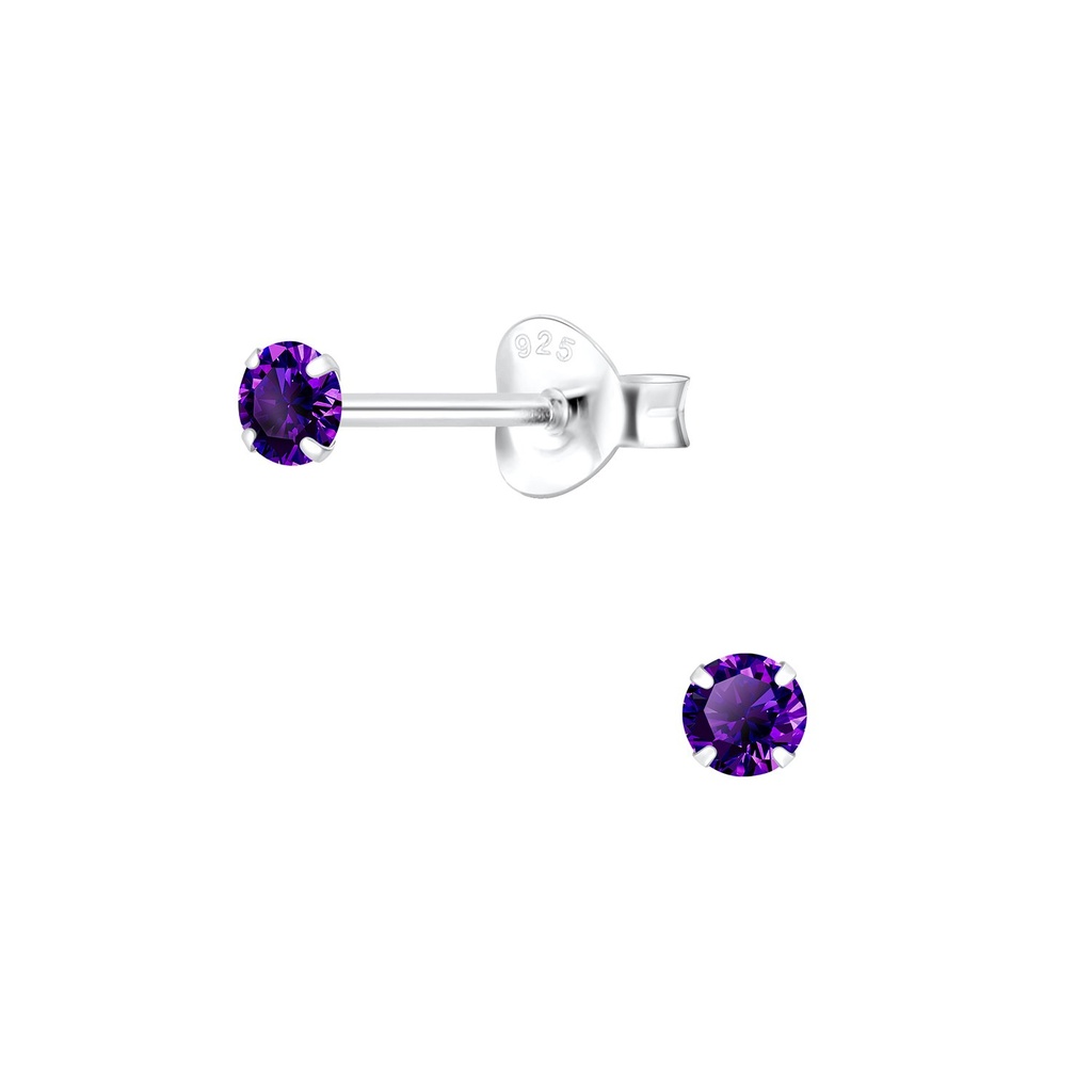 [10001396] 3mm Round Cubic Zirconia Silver Stud Earrings (Amethyst)