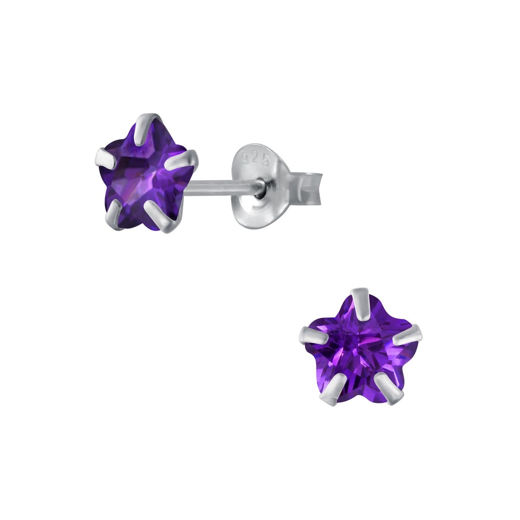 [10001373] 6mm Flower Cubic Zirconia Silver Stud Earrings (Amethyst)