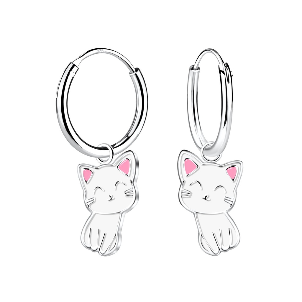 Silver Cat Charm Hoop Earrings