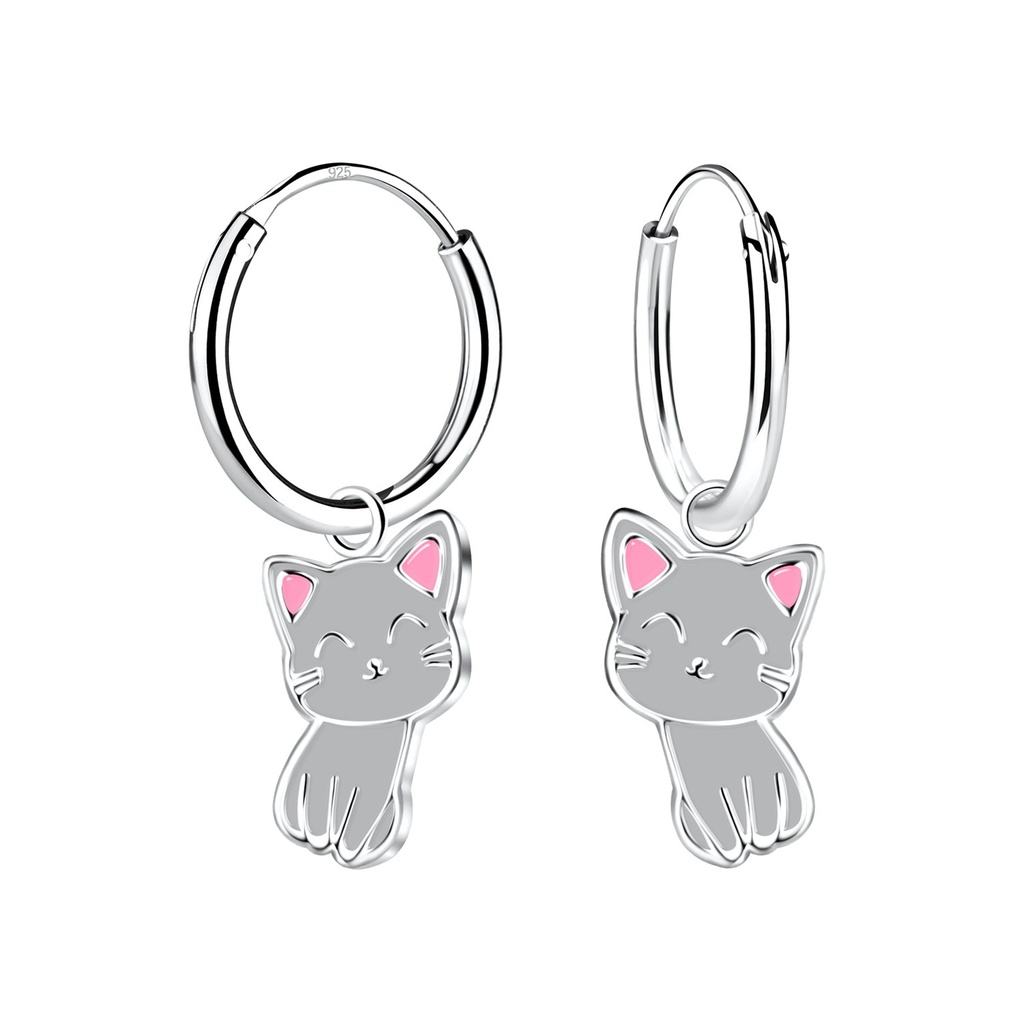 Silver Cat Charm Hoop Earrings