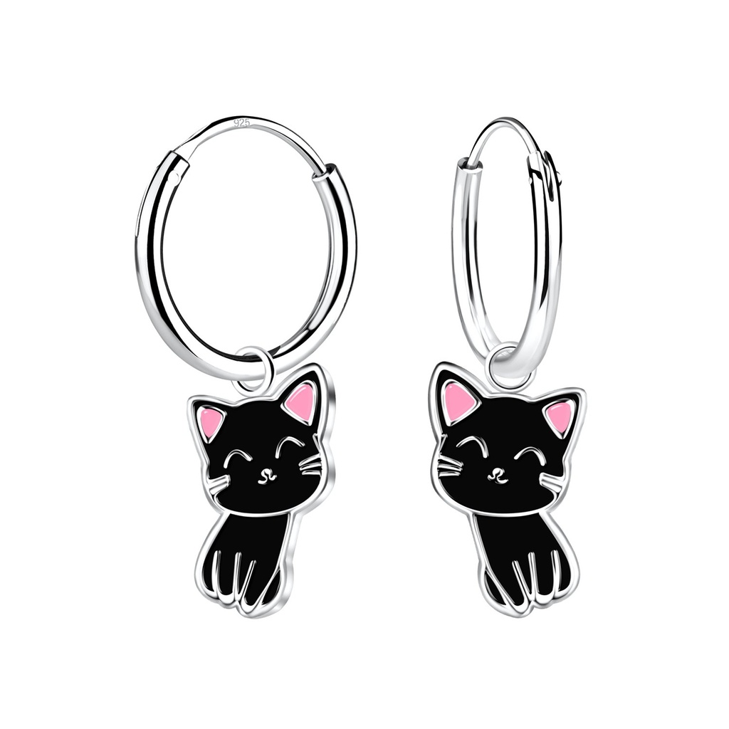 [10001353] Silver Cat Charm Hoop Earrings