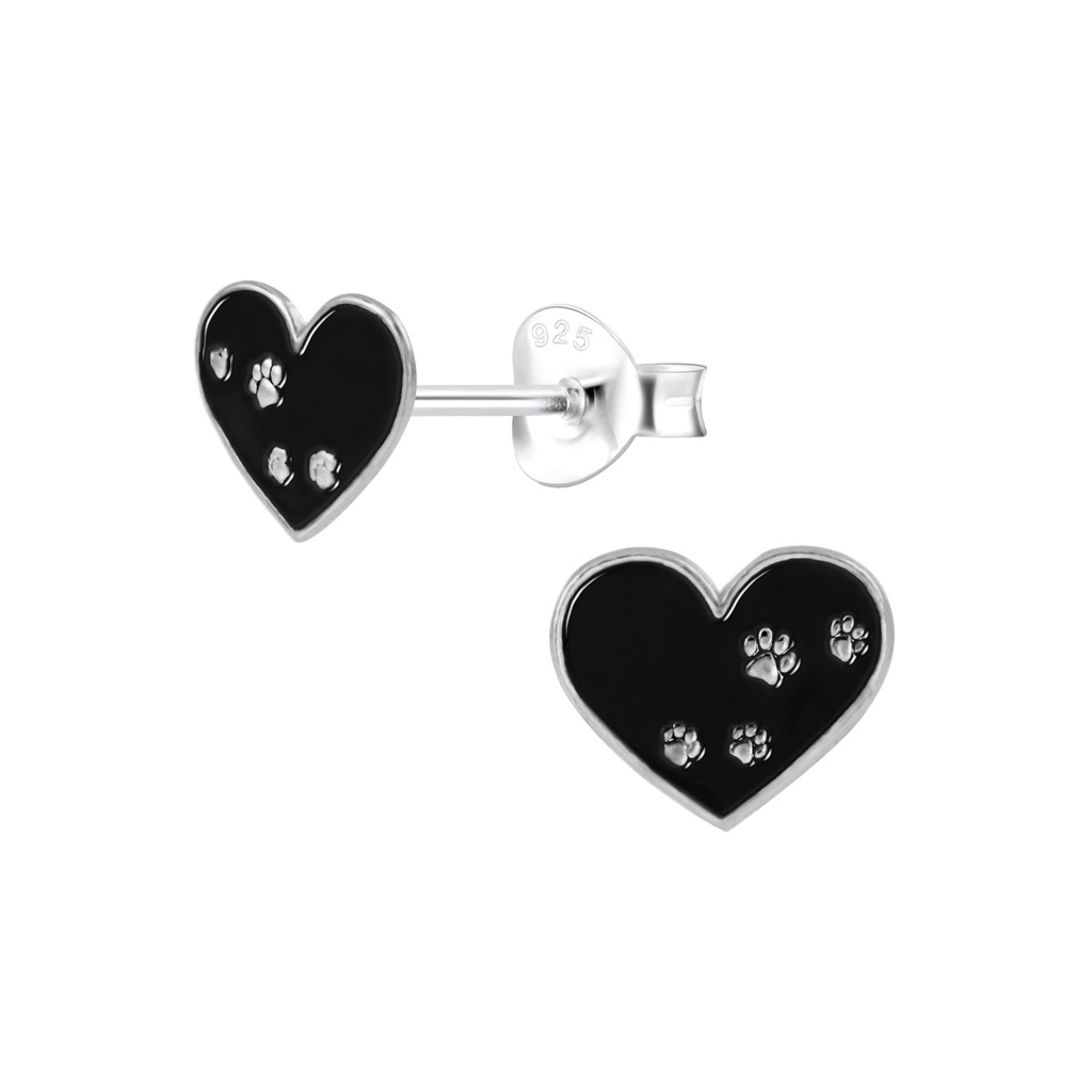 Silver Paw Print Heart Stud Earrings