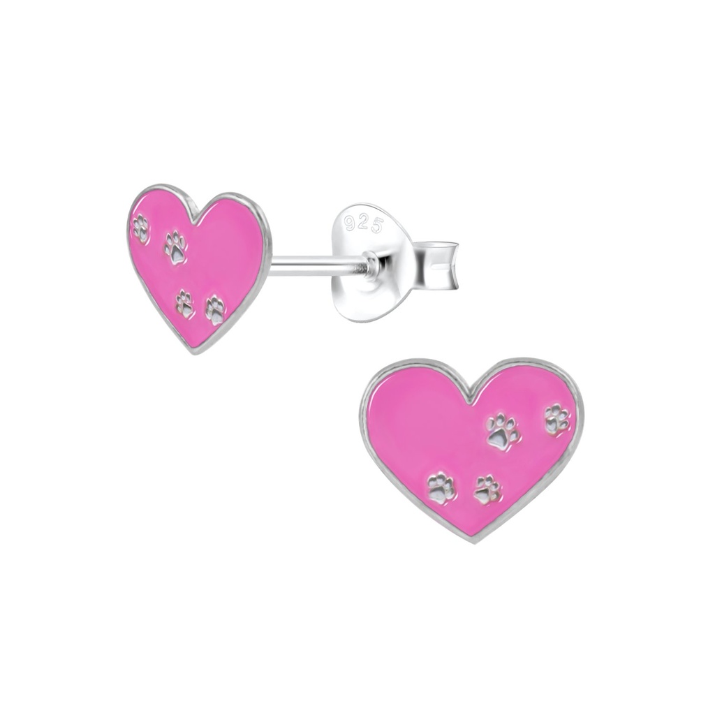 Puces d'oreilles cœur empreinte de patte en argent