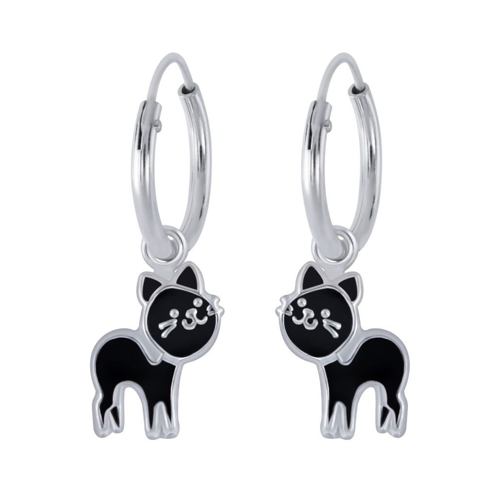 Silver Cat Charm Hoop Earrings