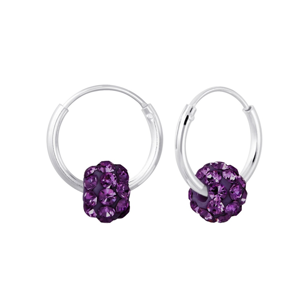 Silver Crystal Ball Charm Hoop Earrings