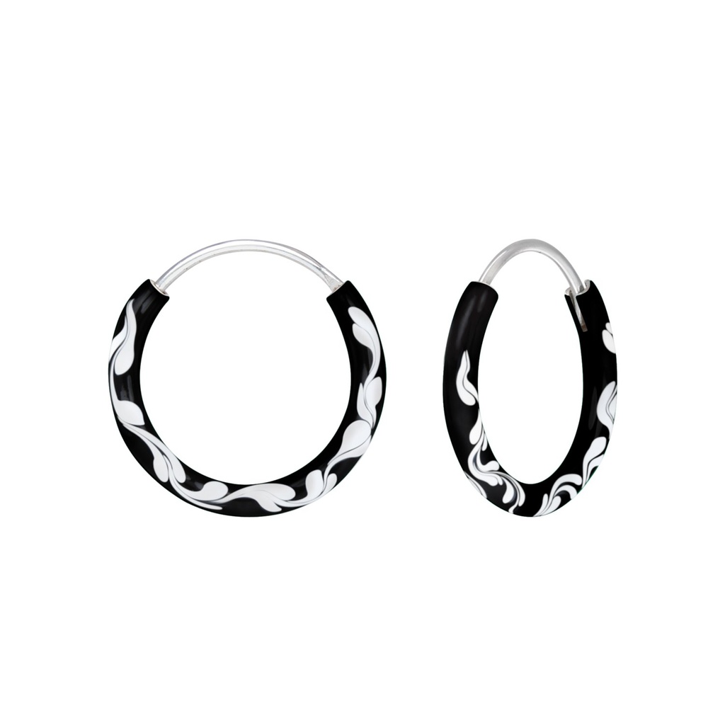Silver Black And White Hoop Earrings