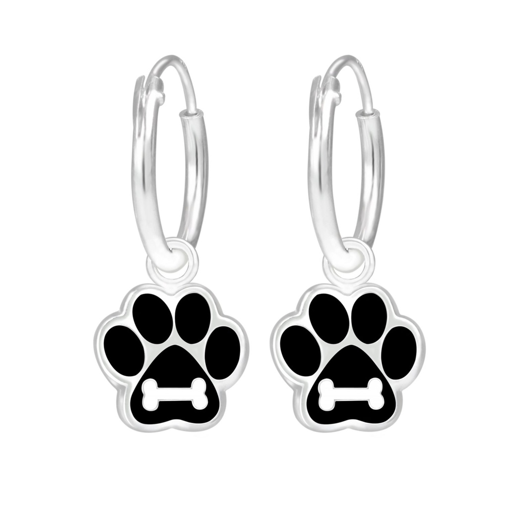 [10001067] Silver Paw Print Charm Hoop Earrings