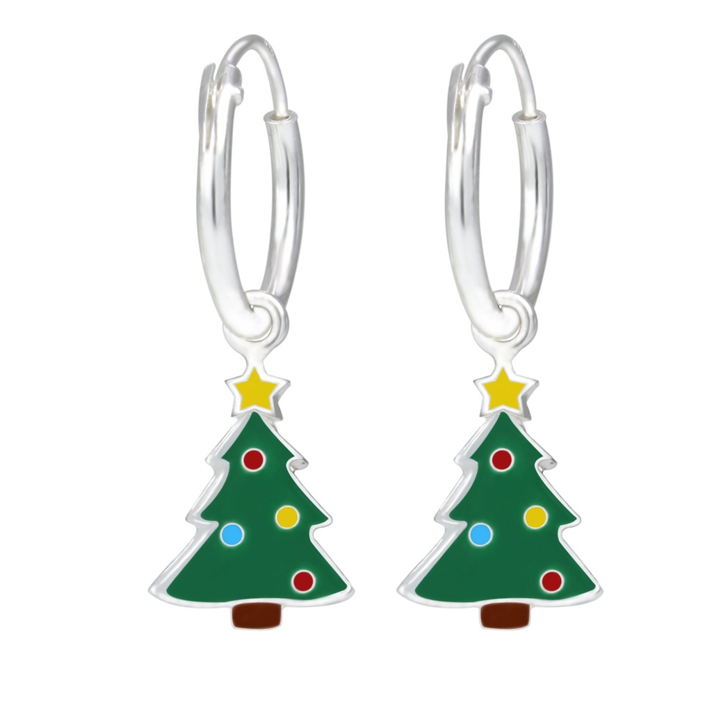 [10000980] Silver Christmas Tree Charm Hoop Earrings