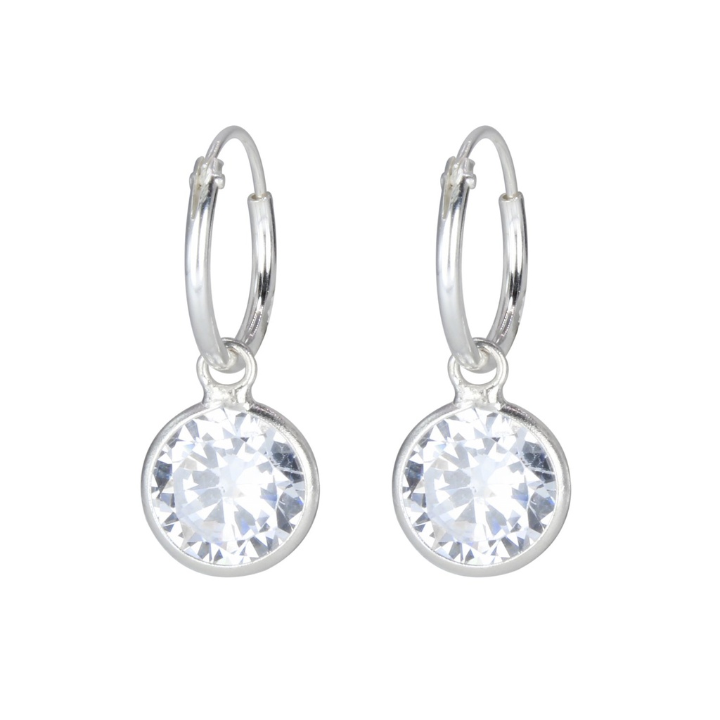 Créoles breloque en argent zircon rond 8 mm