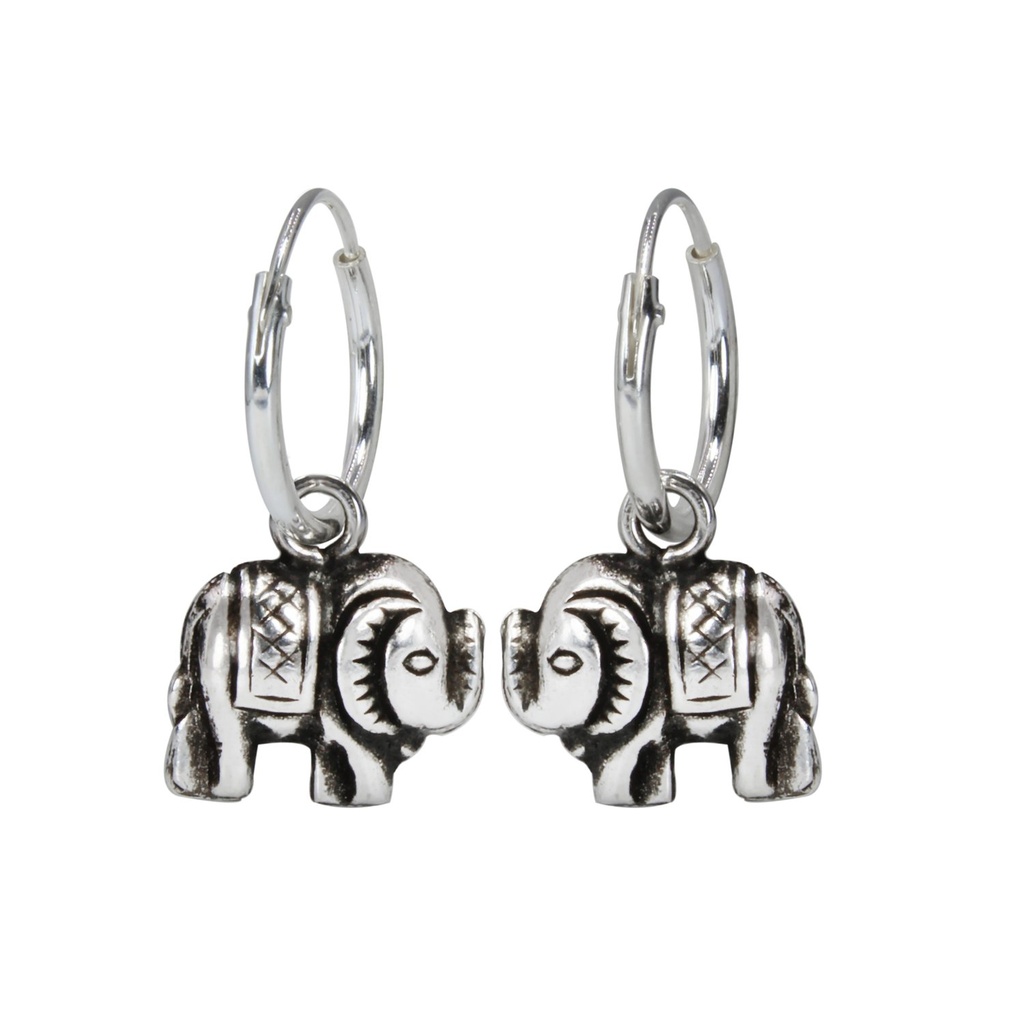 Silver Elephant Charm Hoop Earrings